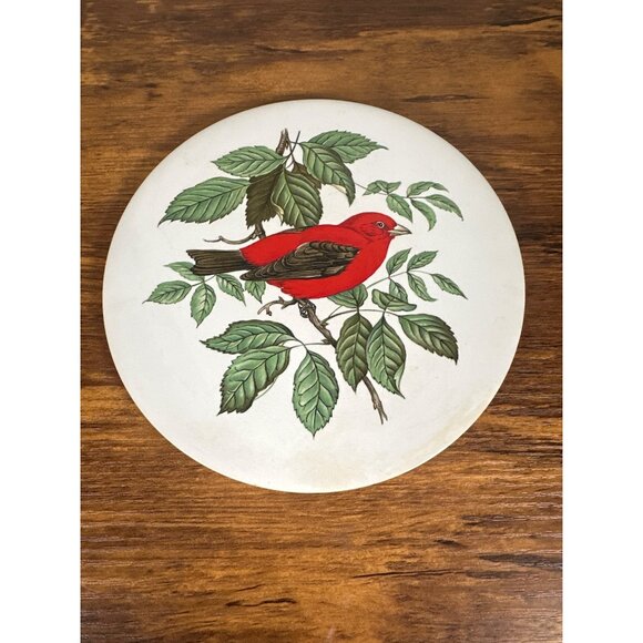 Hyalyn 1970s Scarlet Tanager Hanging Trivet with Cork Back 6" - Picture 1 of 5